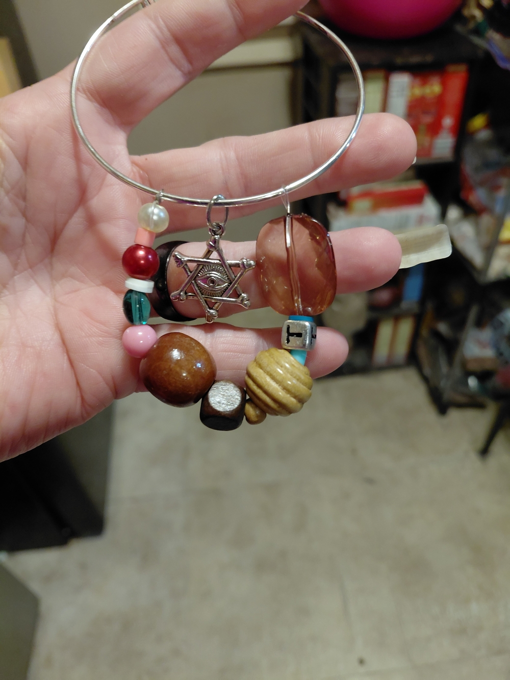 Mixed Bead Charm Bangle Bracelet in Pink, Red & Brown
